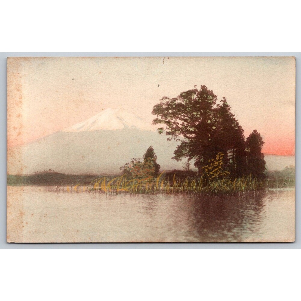 Vtg Japanese Postcard Mt Fuji Sunset Landscape Art Woodblock Style Pre-War